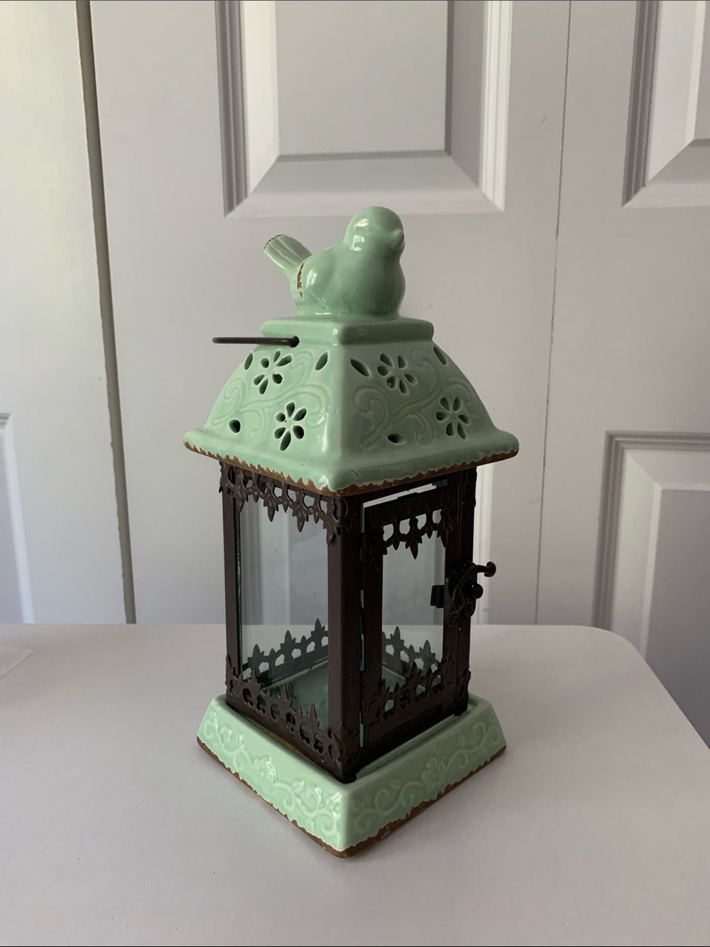 Mint Green Ceramic Bird Lantern - Decorative Home Accent